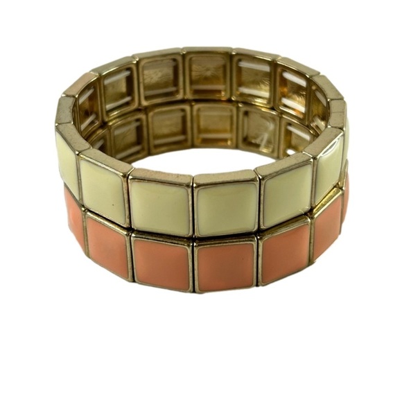 Gold Tone and Enamel Stretch Bracelets Pair Crème and Peach/Pink Coloured - Picture 3 of 4
